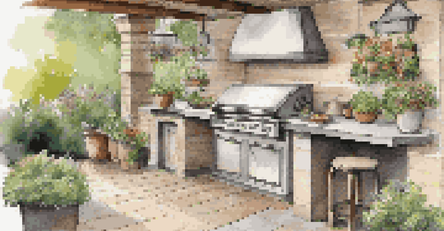 An outdoor kitchen with a built-in grill, granite countertops, and ambient lighting, surrounded by potted herbs and flowers.