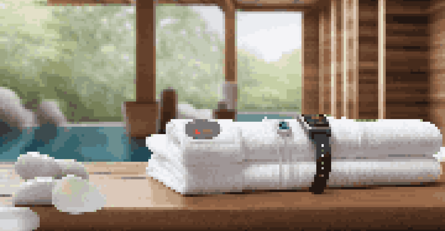 A collection of wearable wellness devices on a wooden surface in a modern spa with a water wall in the background.