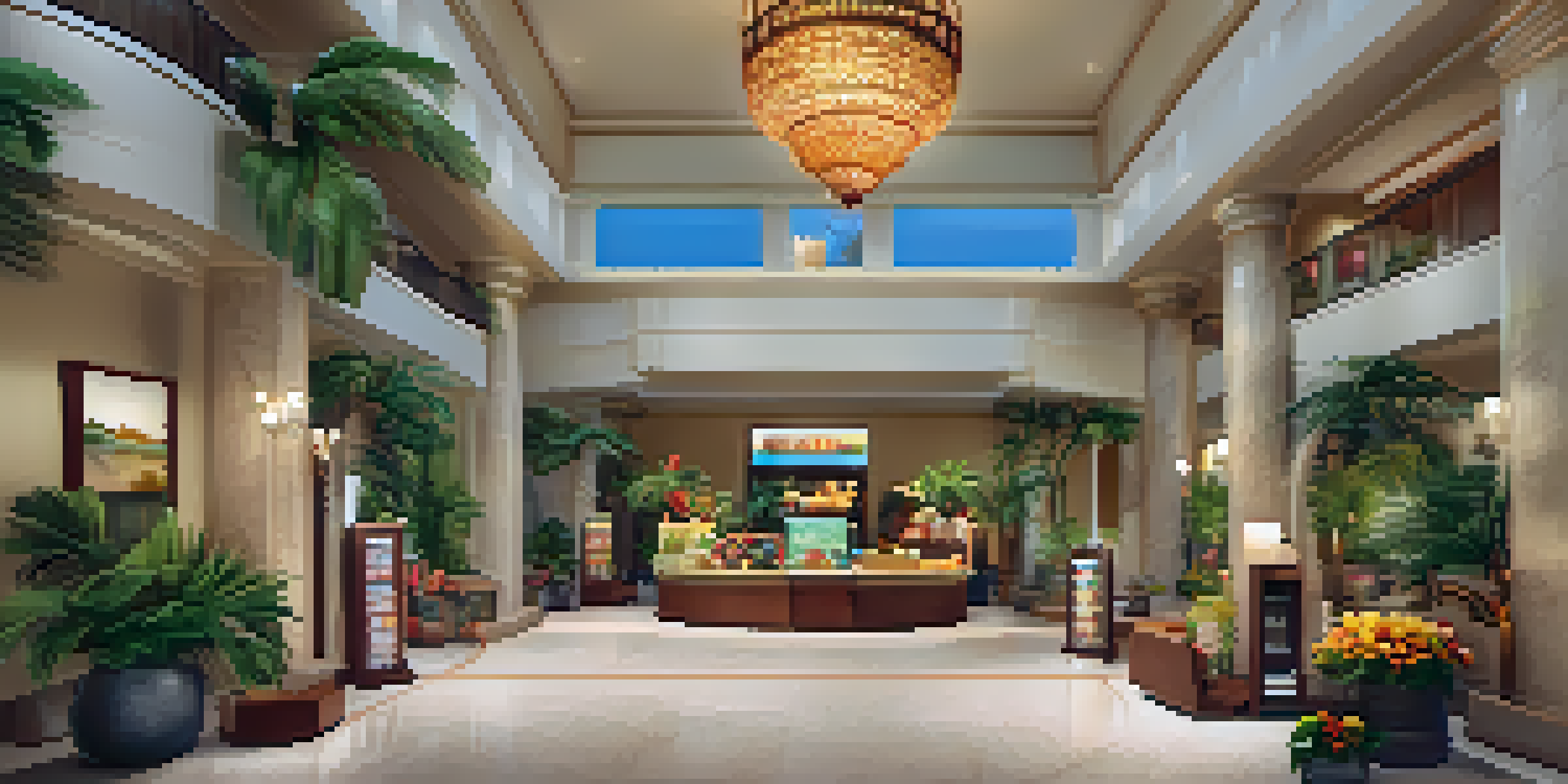 A luxurious resort lobby with a personalized welcome display of local snacks and children's toys, showcasing elegant furnishings and warm lighting.
