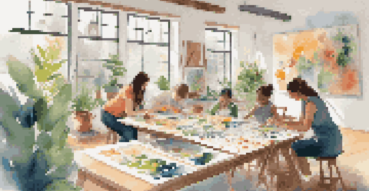 A family painting on a large canvas in an art workshop, guided by a professional artist in a bright studio.