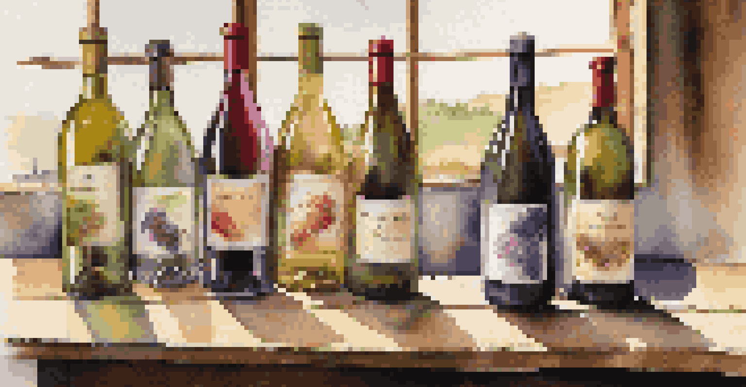 A collection of wine bottles on a wooden table, each showcasing unique labels in a cozy light.