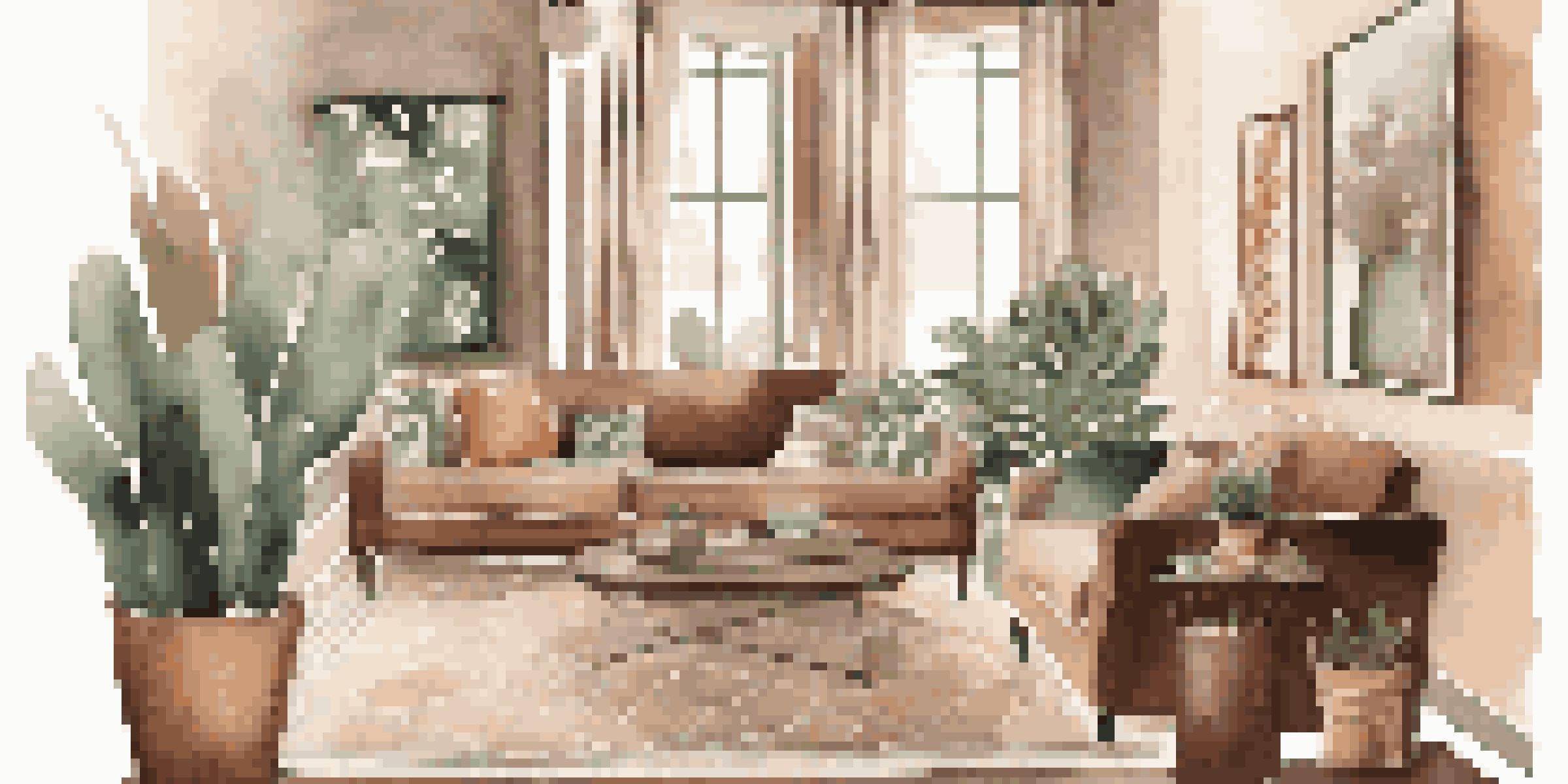 A warm and inviting living room with a velvet sofa, knit blankets, soft cushions, and a snake plant, illuminated by ambient lighting.