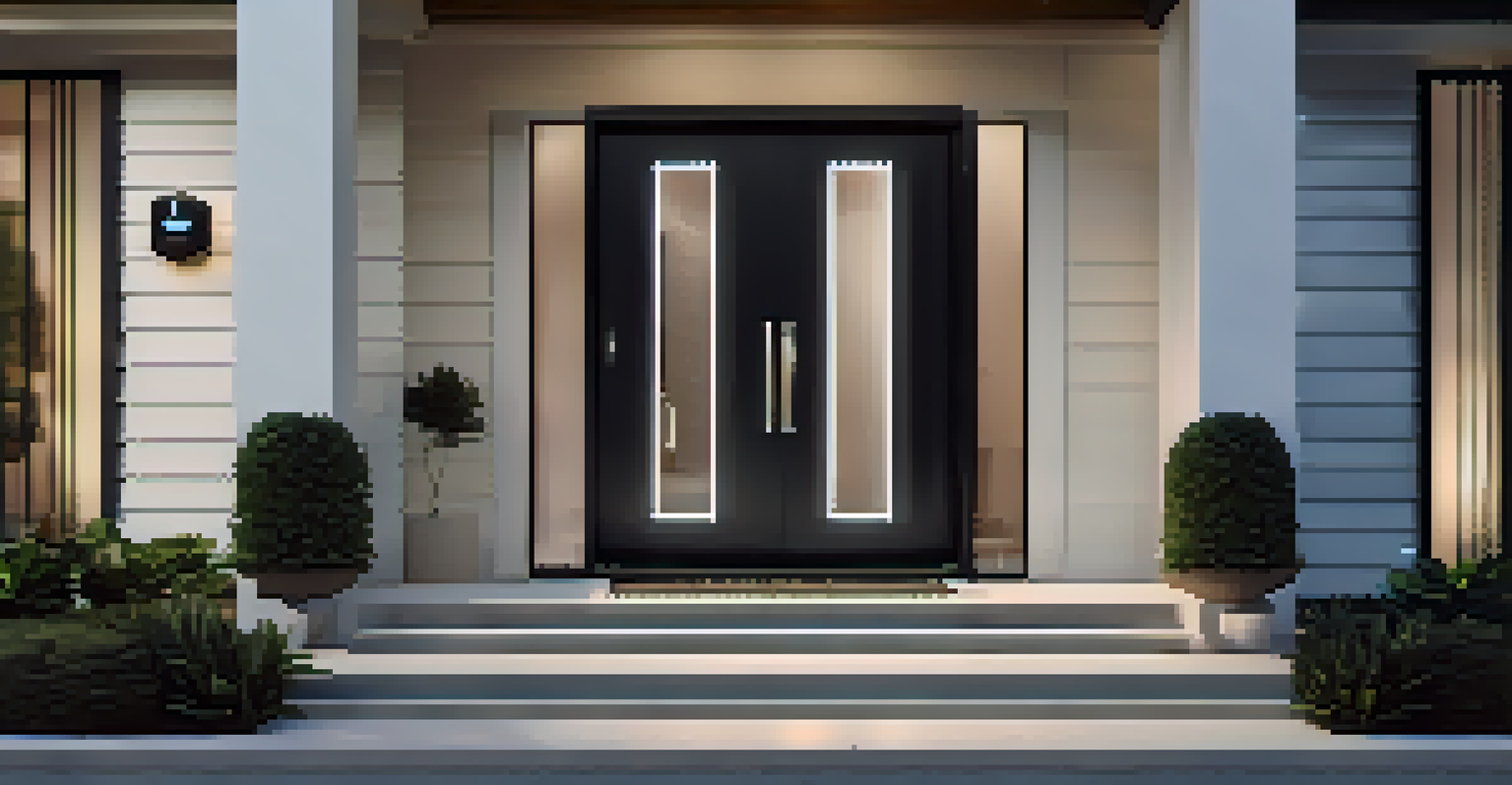 A modern home entrance featuring a fingerprint scanner next to an elegant door, illuminated by sophisticated outdoor lighting.