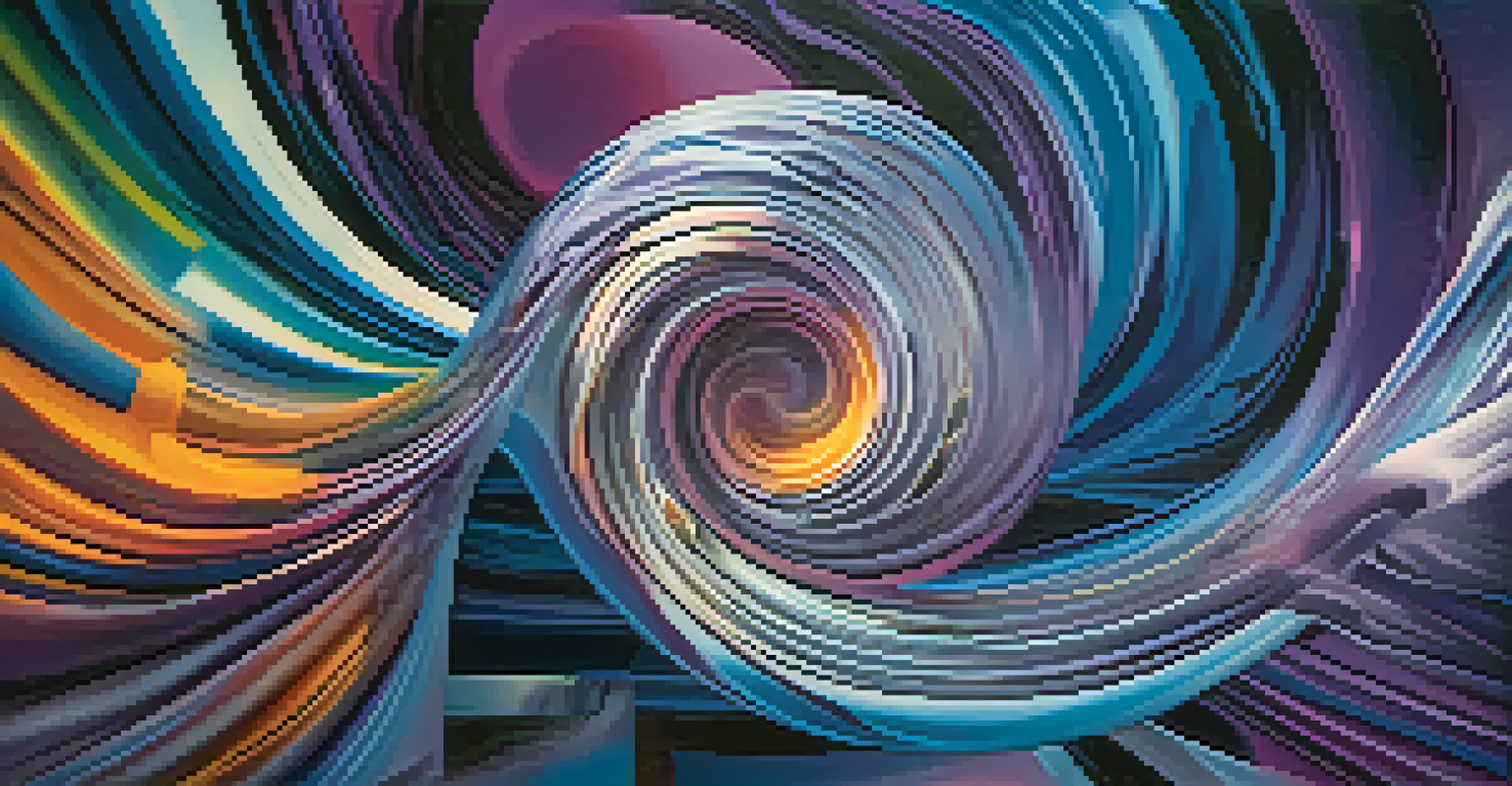 An abstract artwork showcasing a swirl of colors and shapes, representing the fusion of technology and art in a deep blue and purple gradient.