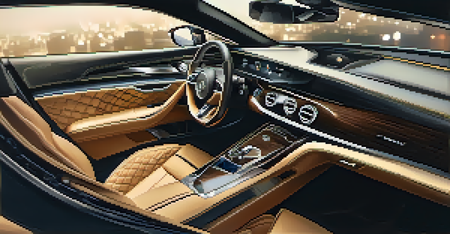 A close-up view of a luxury car's interior, showcasing premium materials and high-tech features, with attendees in the background.