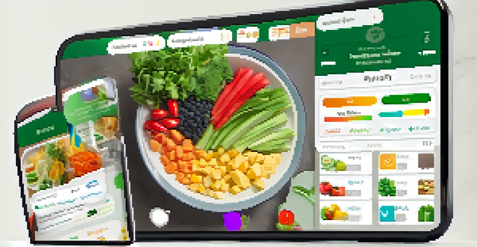 A person using a smartphone app for personalized nutrition, surrounded by fresh ingredients in a kitchen.