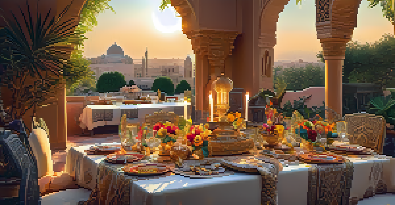 An outdoor dinner party in a Middle Eastern setting with an ornate table, surrounded by greenery and warm sunset light.