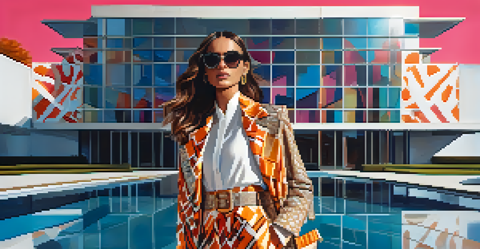 A fashion influencer in a stylish designer outfit poses in front of modern architecture, showcasing vibrant colors and textures.