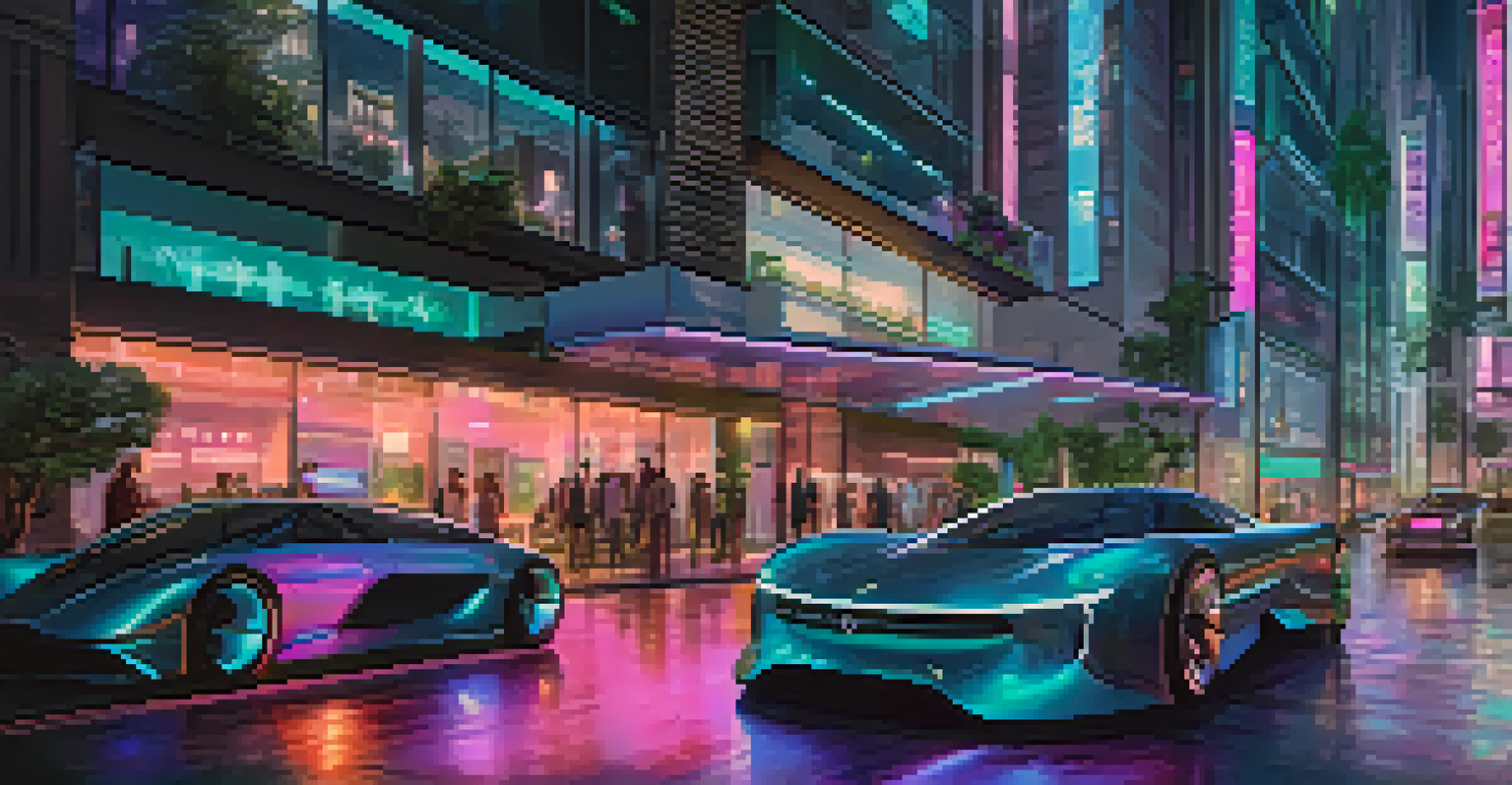 A vibrant futuristic city at night with autonomous luxury cars navigating through illuminated streets and modern buildings.
