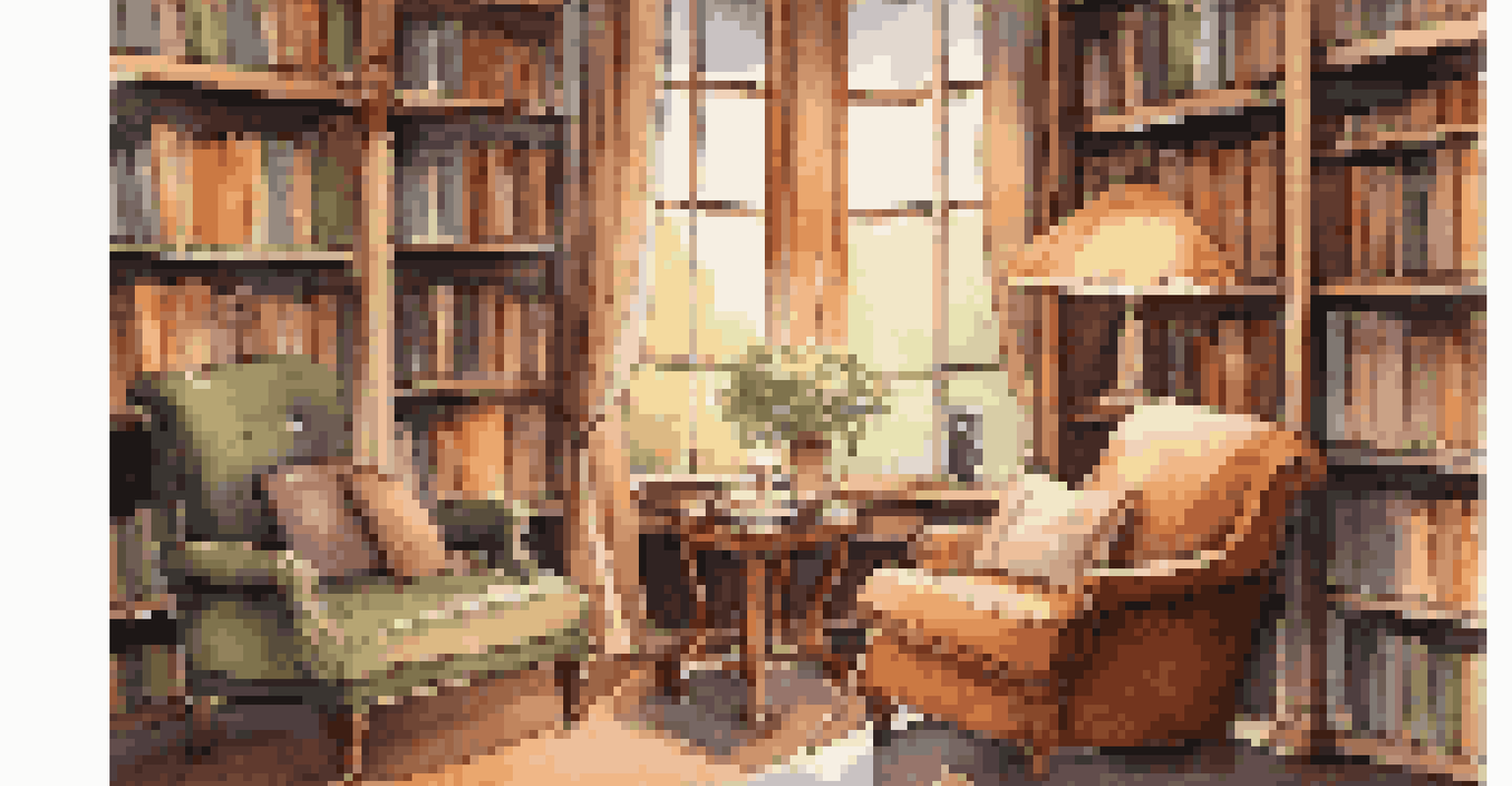 A cozy reading nook with plush armchairs, warm lighting, and bookshelves filled with books, creating a tranquil atmosphere for reading.