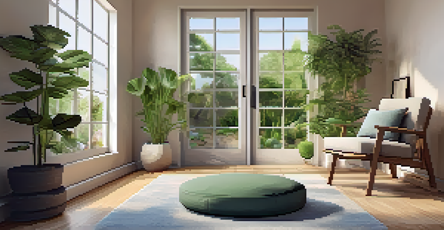 A calming zen corner in a home office with a meditation cushion, greenery, and a small water feature.