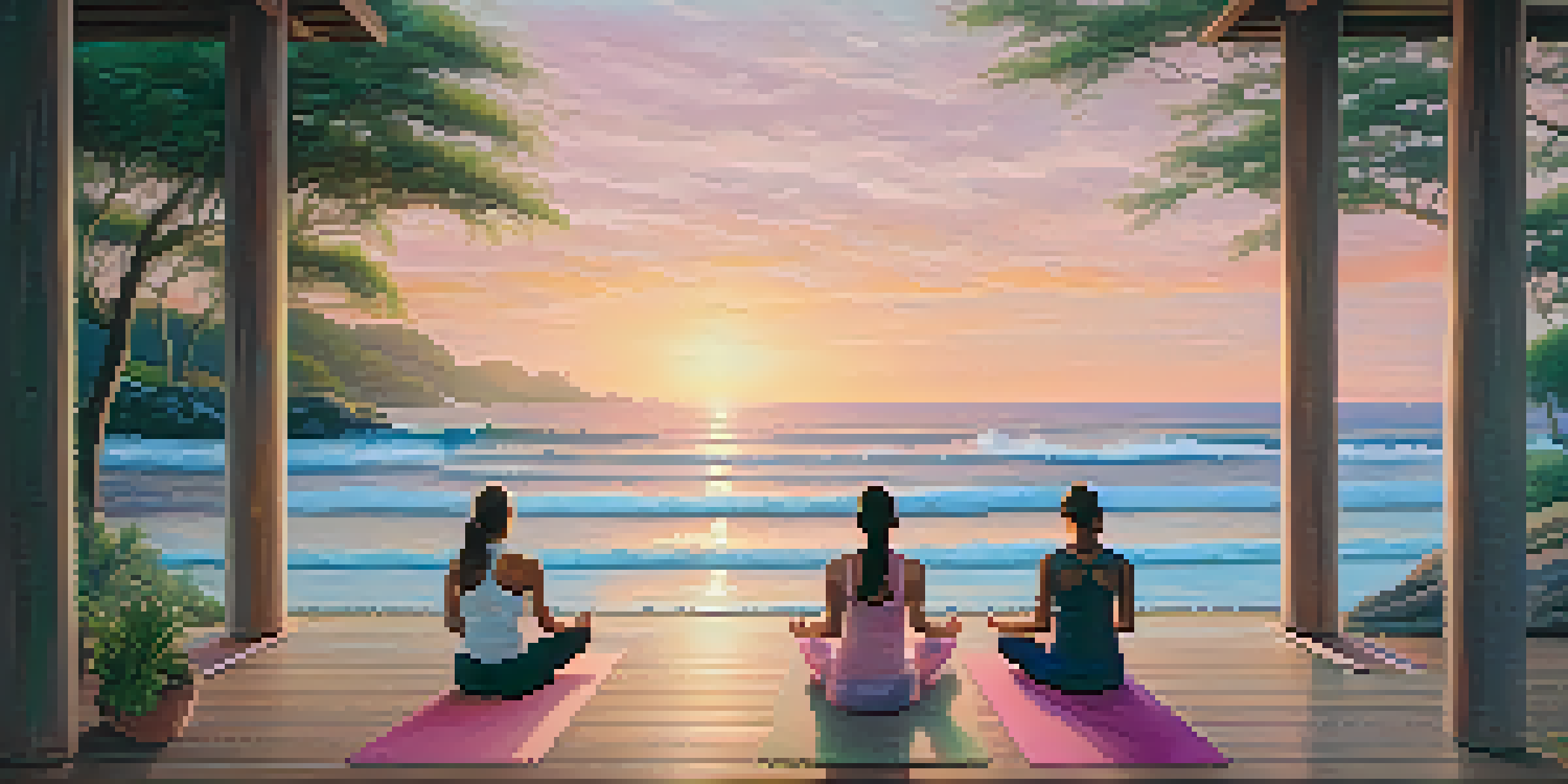 A group of individuals practicing yoga at sunrise on a wooden deck by the beach, with a soft pastel sky and gentle ocean waves.