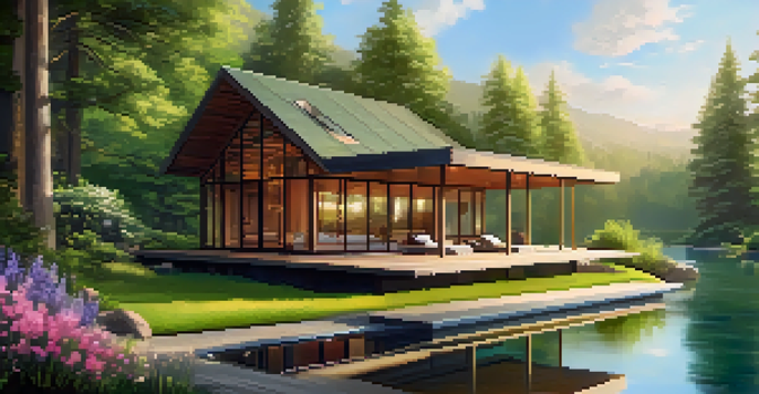 A peaceful luxury wellness retreat with a cabin, yoga deck, and a lake surrounded by greenery and flowers.