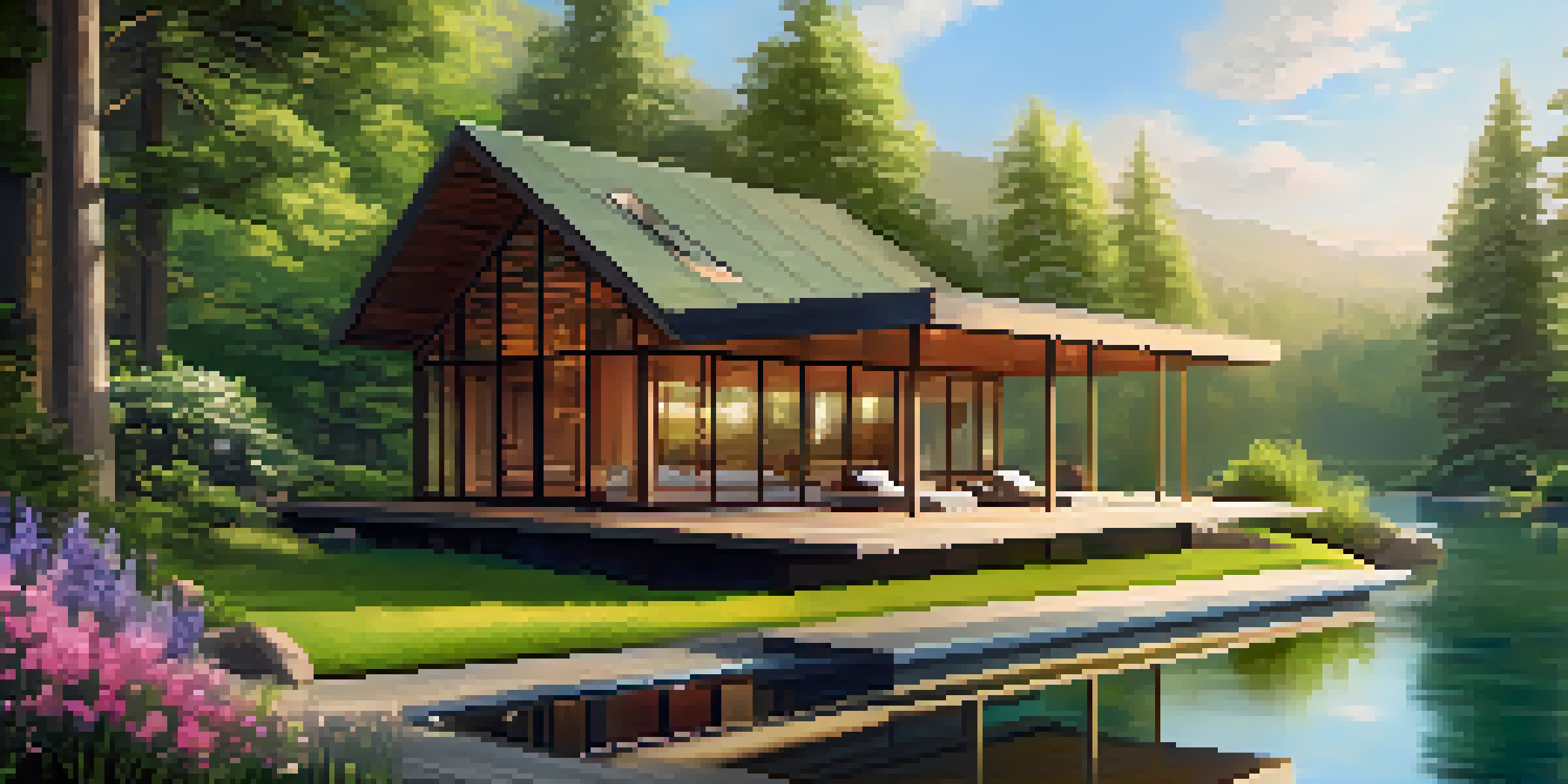 A peaceful luxury wellness retreat with a cabin, yoga deck, and a lake surrounded by greenery and flowers.