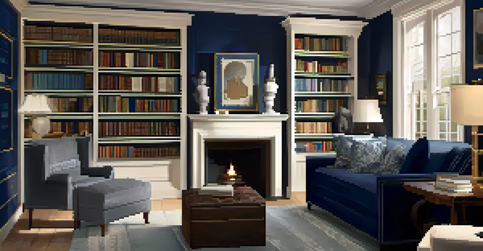 An elegant library with navy blue built-in shelving filled with classic literature, a reading chair, and soft layered lighting creating a cozy atmosphere.