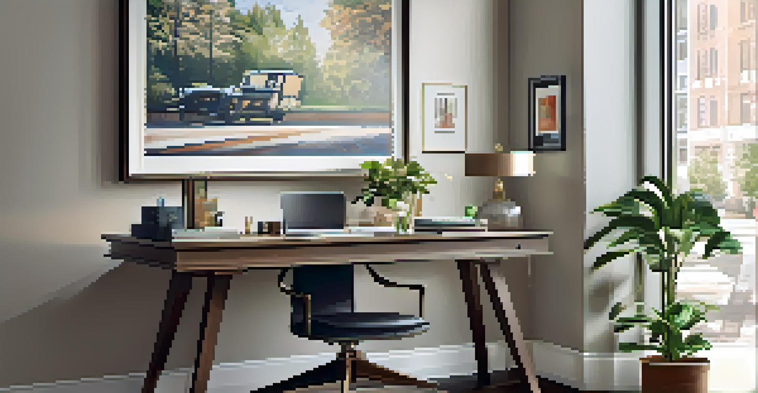 A sophisticated home office with a smart mirror, stylish desk, and natural light creating a calming atmosphere.