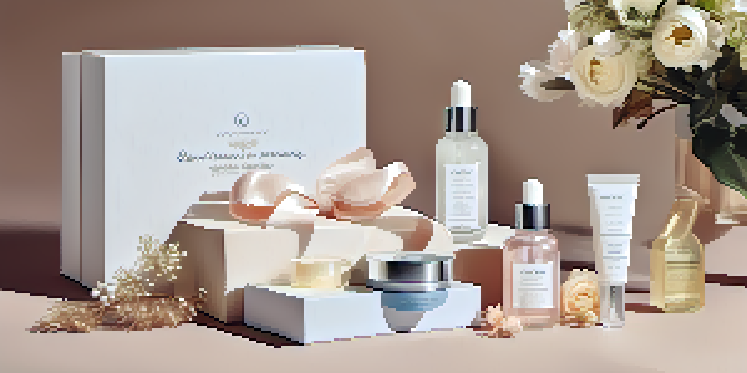 A luxury subscription box opened to reveal high-quality skincare products, surrounded by floral accents and soft lighting.
