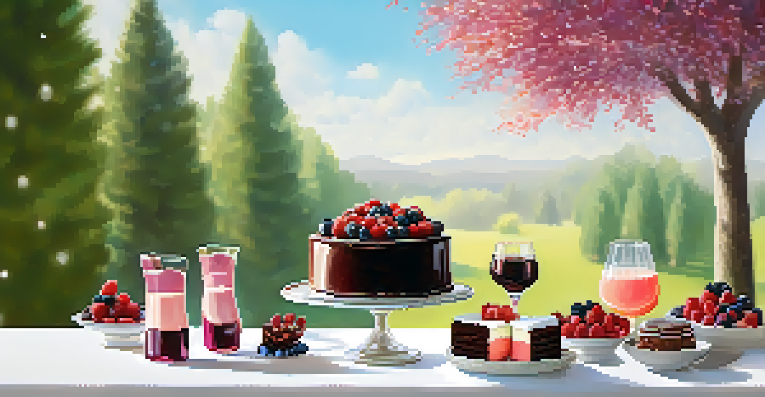A dessert table with chocolate cake, panna cotta with berry compote, and a glass of sparkling Prosecco, set in a natural outdoor setting.