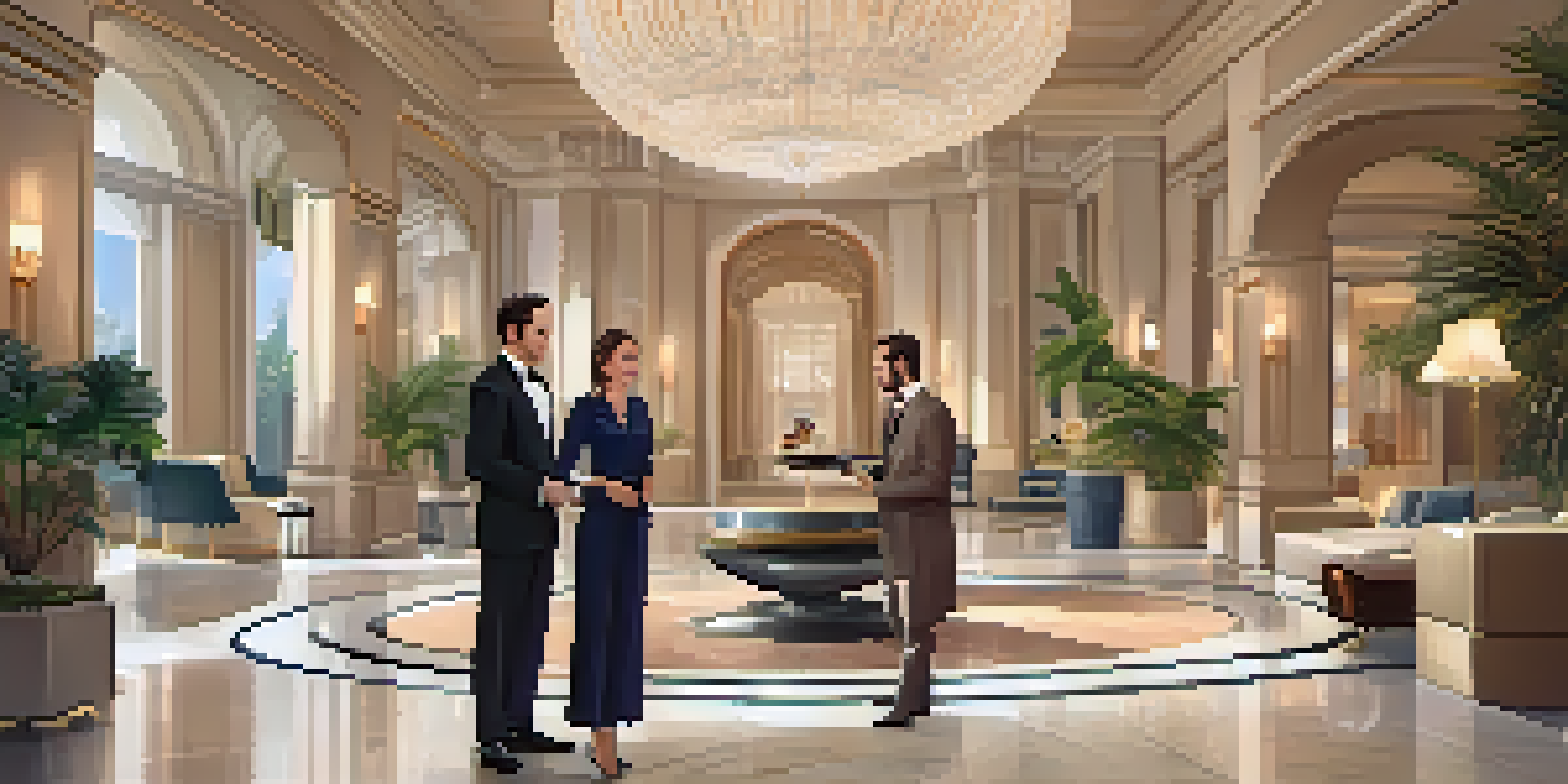 A personal concierge assisting a traveler in a luxurious hotel lobby, surrounded by elegant decor and soft lighting.
