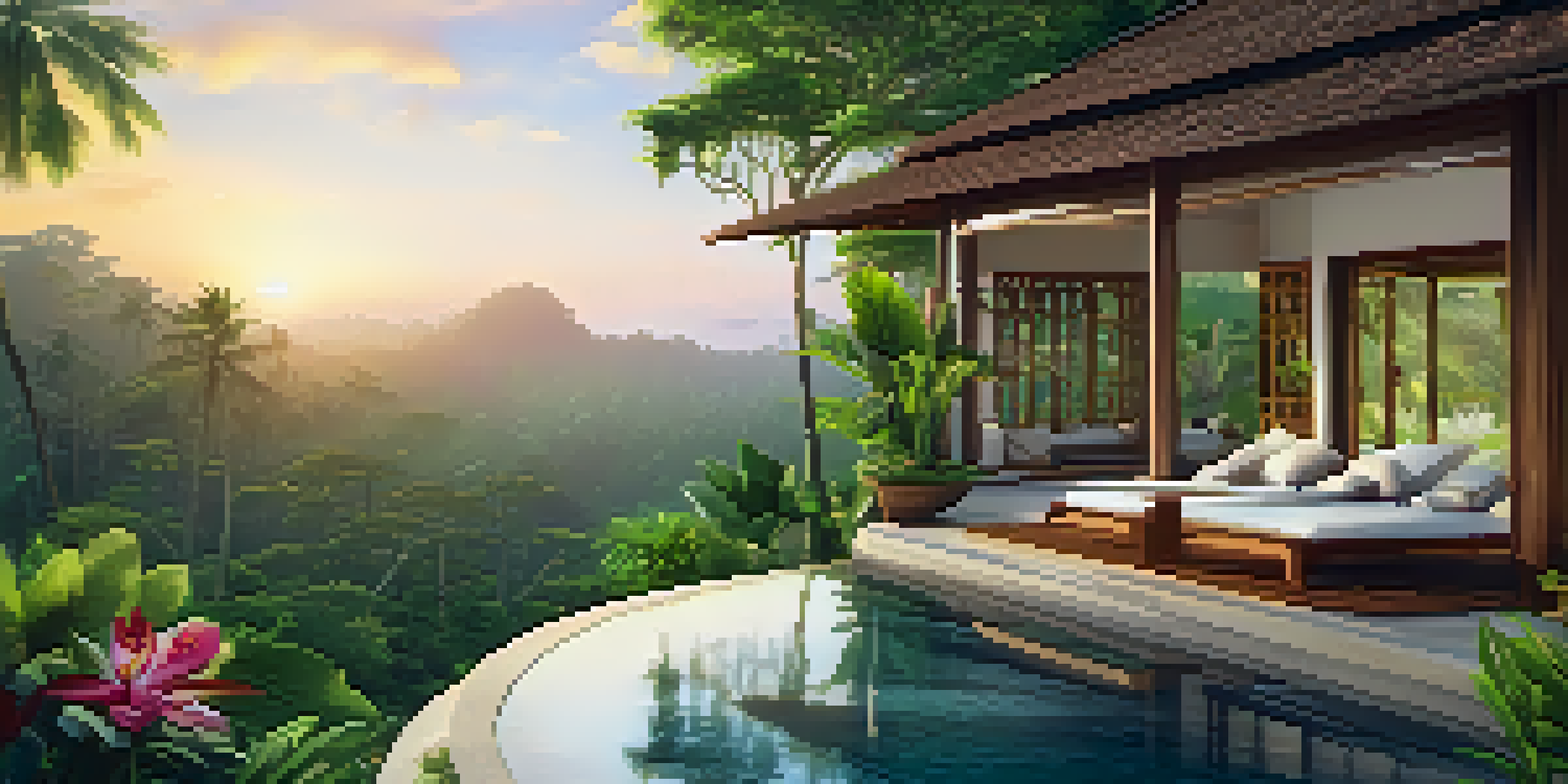 A peaceful yoga area in Bali with mats overlooking rice terraces at sunrise, surrounded by lush greenery and colorful flowers.