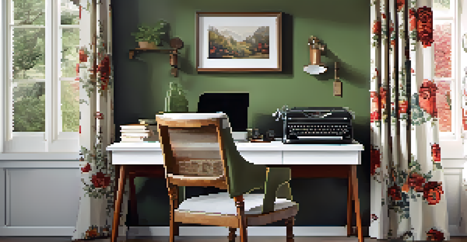 An eclectic workspace with a modern white desk and an antique wooden chair, decorated with olive green and rusty red accents, a vintage typewriter, and floral curtains.