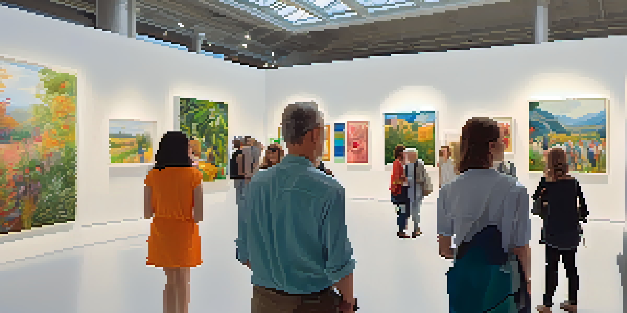 A lively art fair with visitors examining diverse artworks displayed in a spacious gallery filled with natural light.