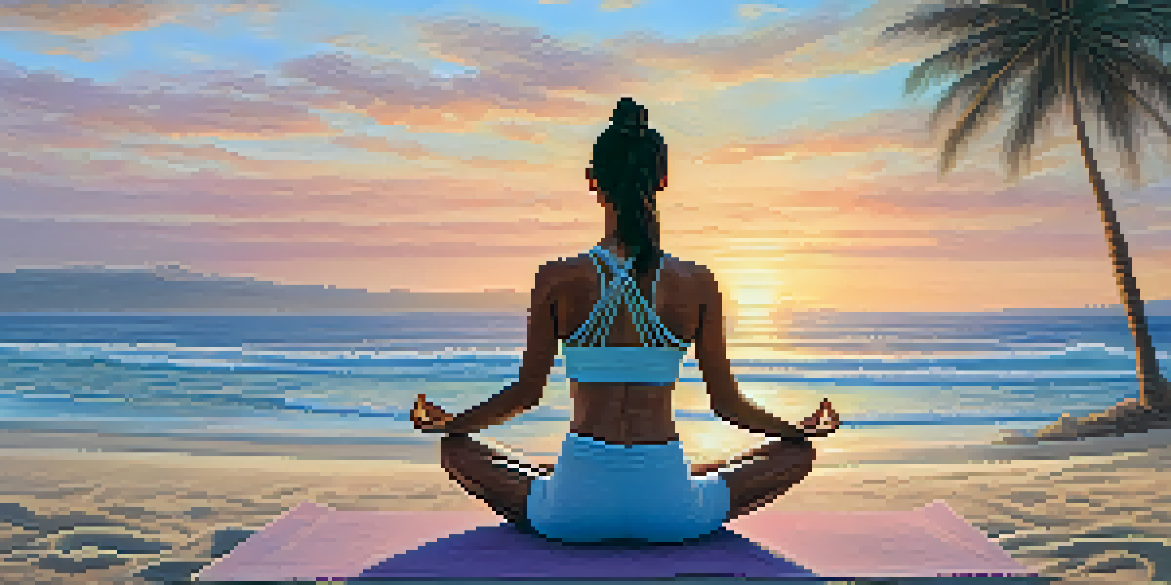 A person doing yoga on a beach at sunrise, surrounded by palm trees and gentle waves.