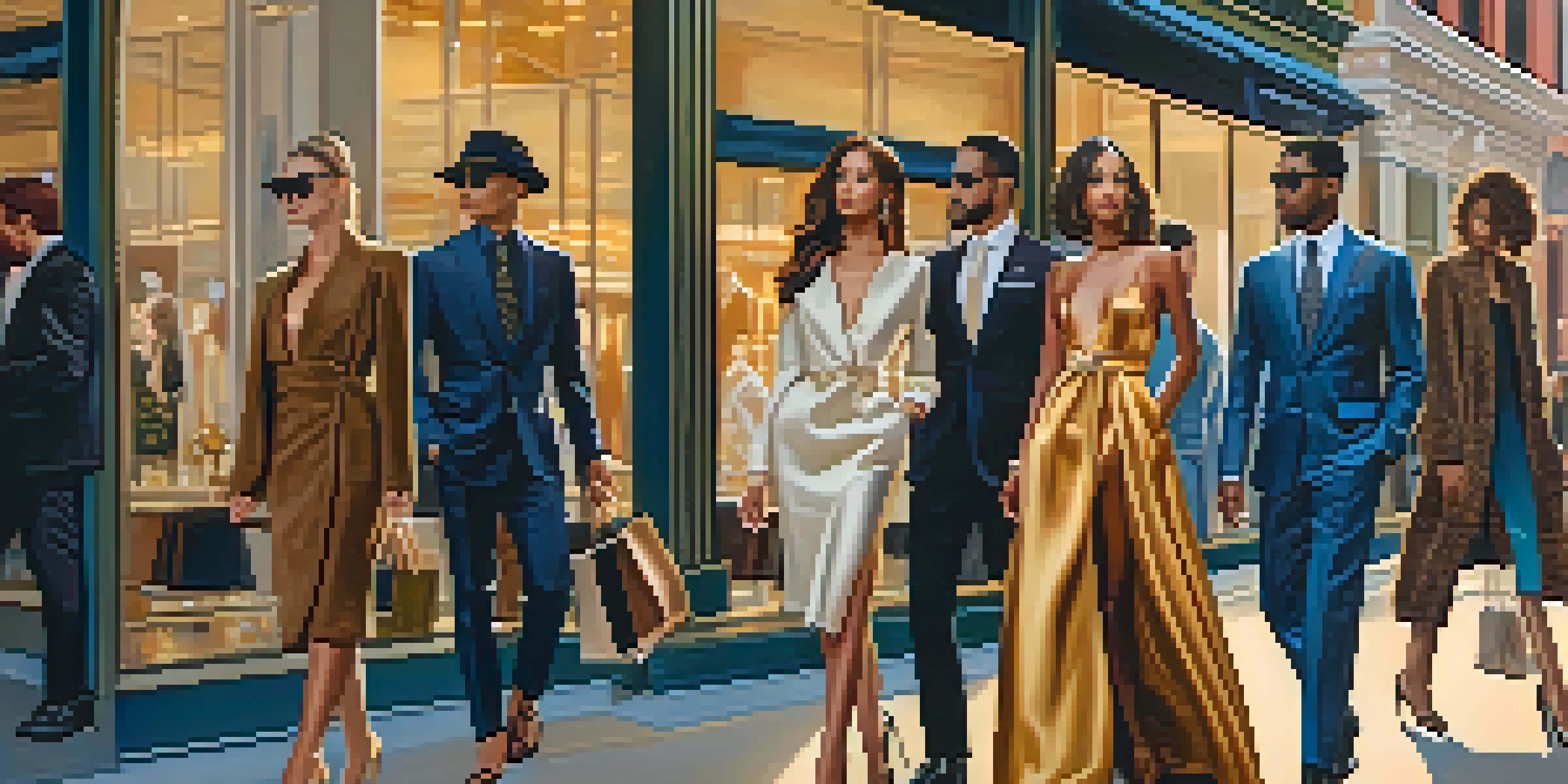 A diverse group of stylish individuals showcasing elegant outfits in an upscale urban environment, with high-end boutique storefronts in the background.