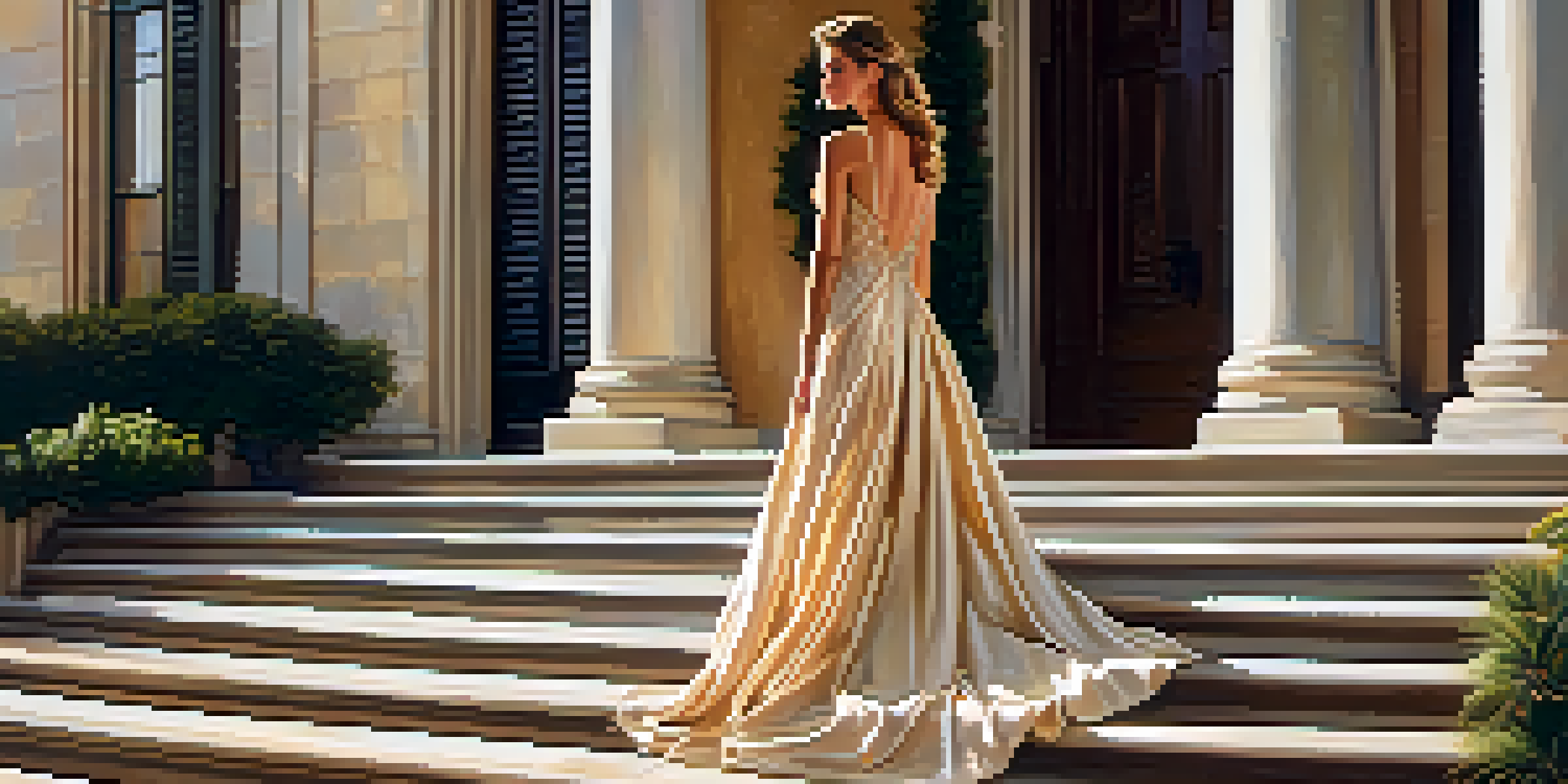 A model in a silk gown poses on marble steps of a historic mansion during golden hour, surrounded by greenery.