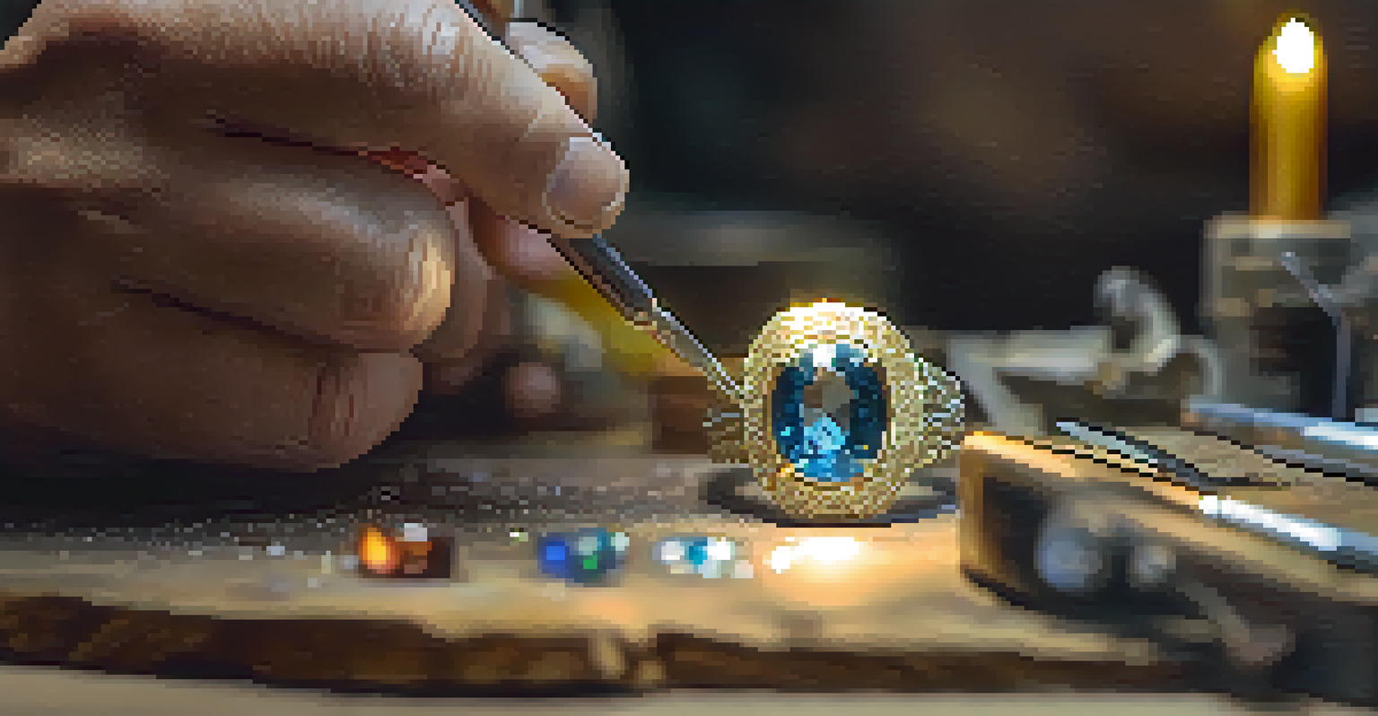 An artisan setting a gemstone into a gold ring, highlighting craftsmanship and focus in a workshop.