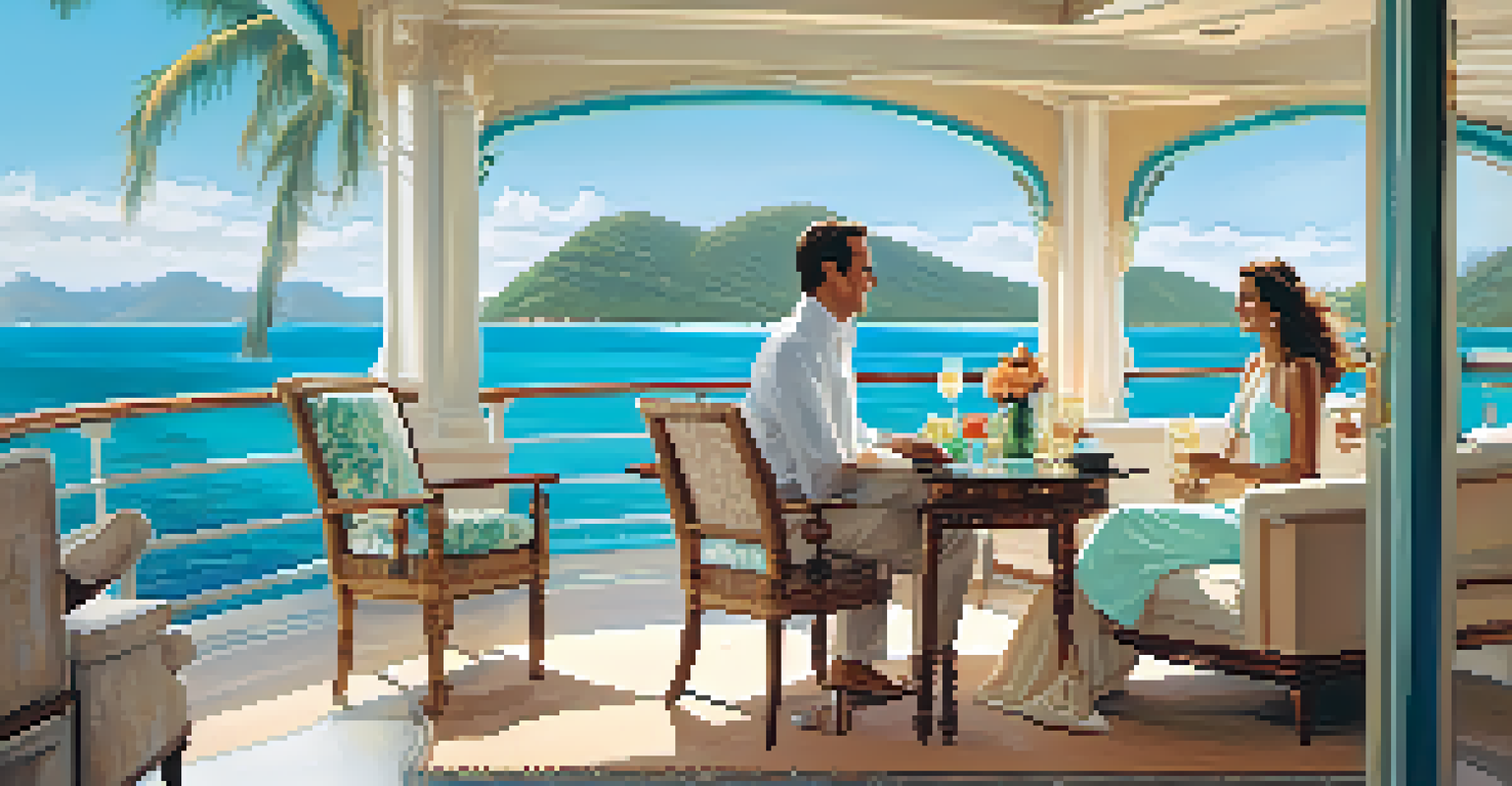 A couple on a private yacht in the Caribbean, enjoying cocktails with a view of the beach and palm trees.