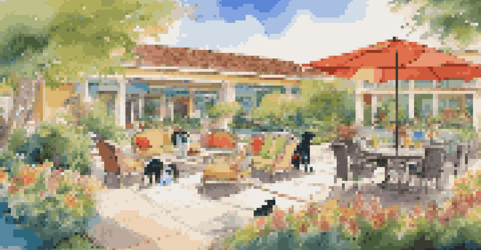Dogs and cats happily socializing in a luxury pet hotel outdoor area, surrounded by beautiful landscaping and a sunny sky.