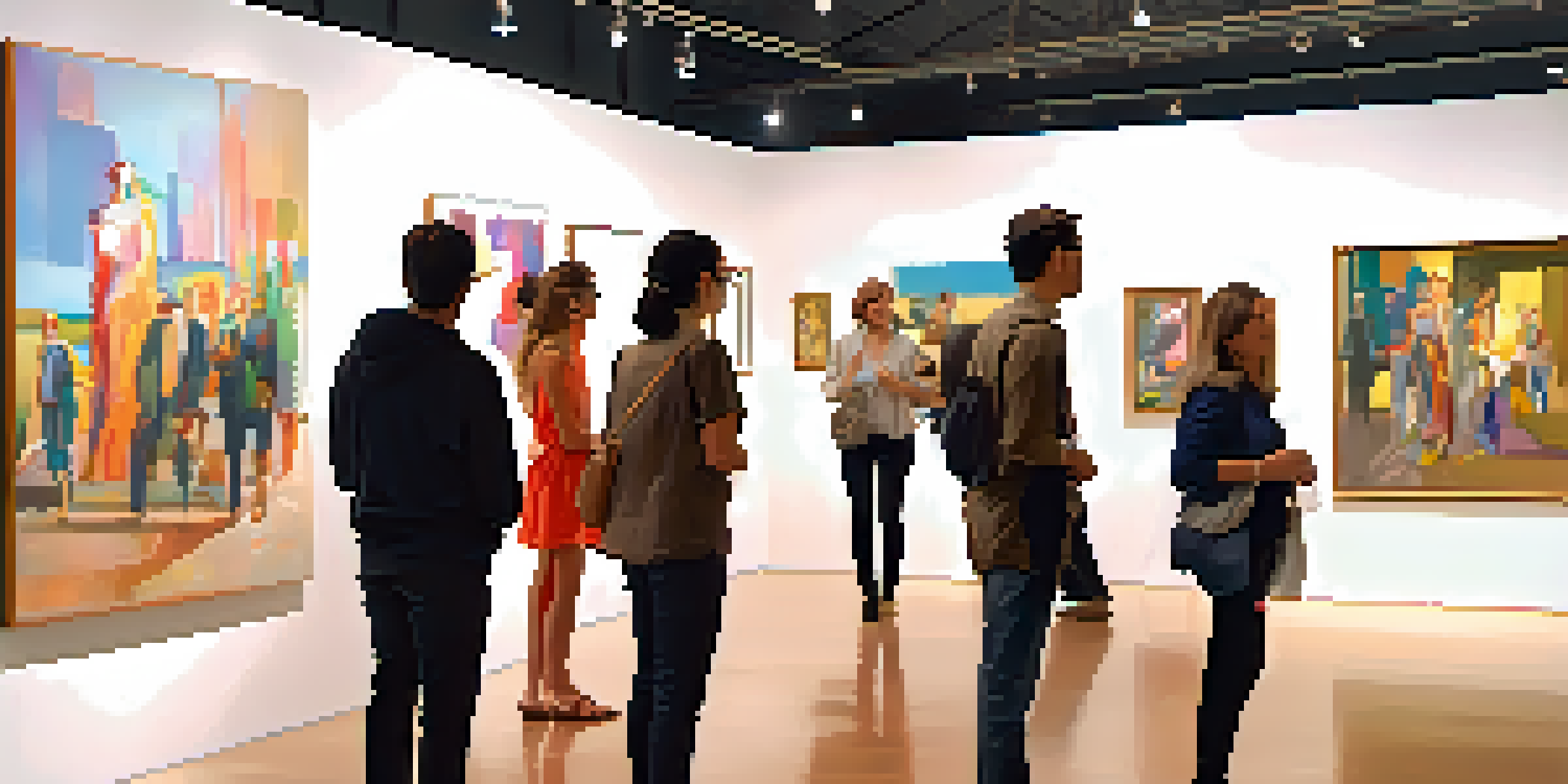 A dynamic art fair with various artists displaying their colorful artworks, surrounded by engaged visitors in a well-lit modern gallery.