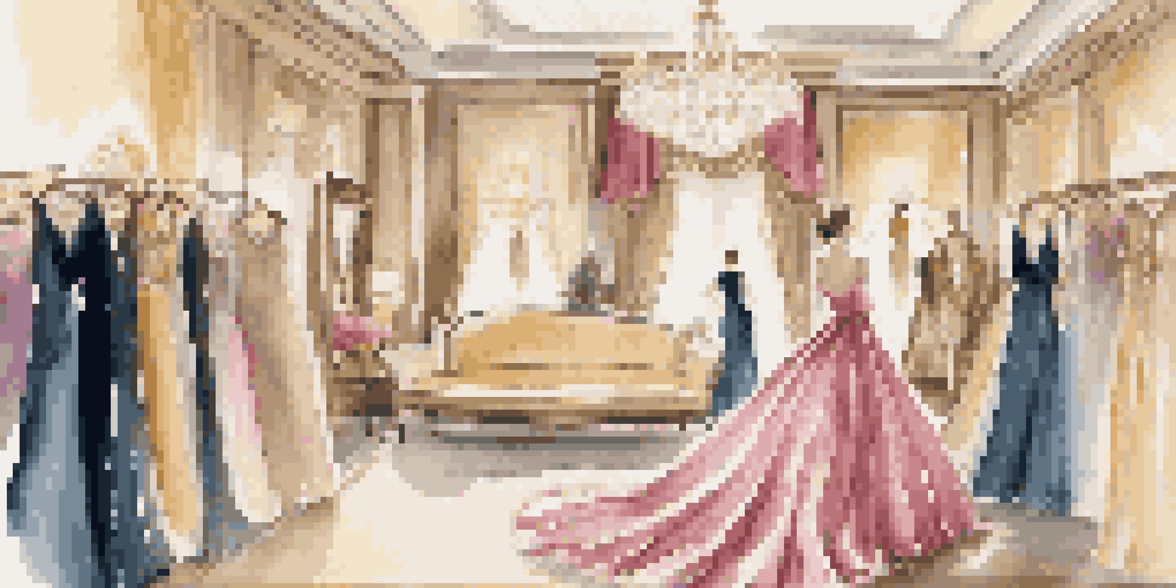 An elegant fashion rental store with designer gowns and accessories, soft golden lighting, and a woman trying on a gown in front of a large mirror.