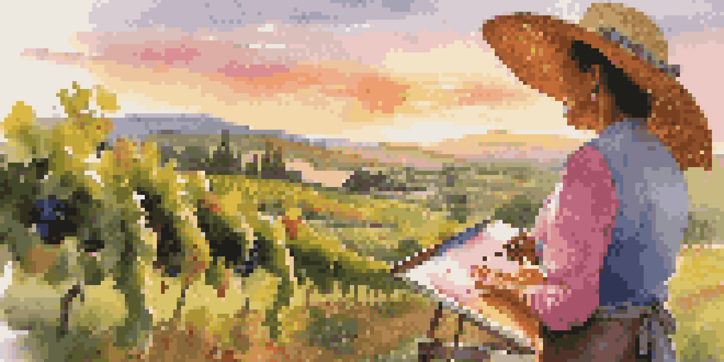 A middle-aged woman painting in a vineyard during sunset, surrounded by green grapevines and colorful skies.