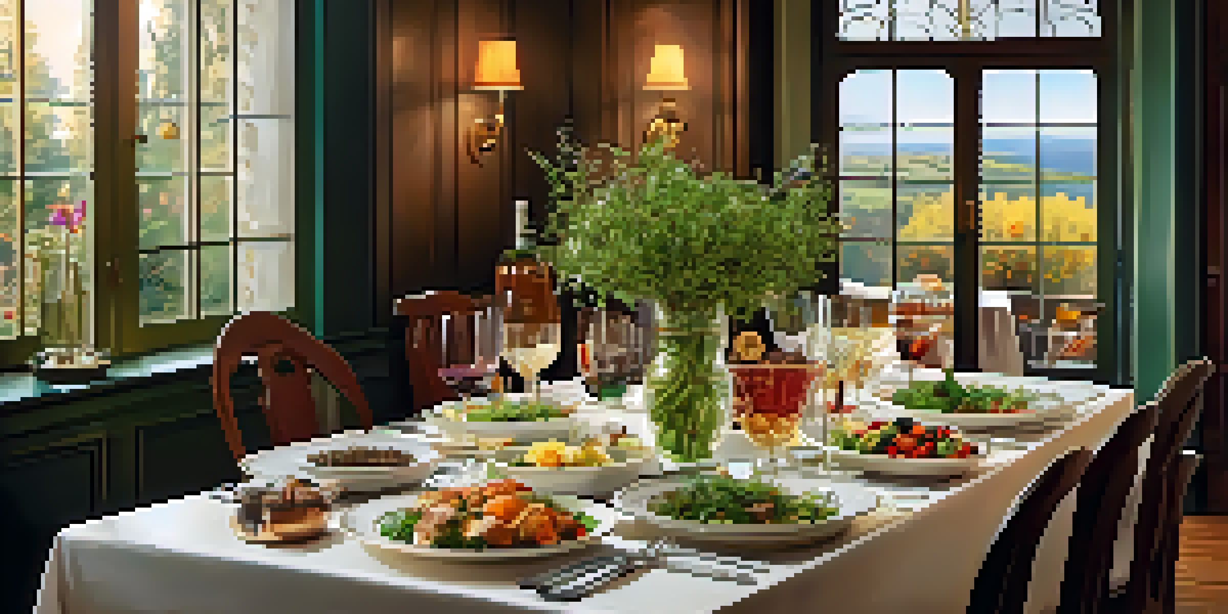 A beautifully set dining table with gourmet dishes and a bottle of wine, illuminated by warm lighting.