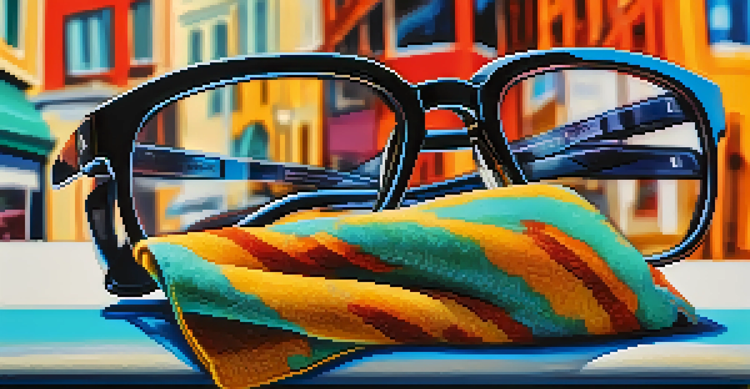 Chic smart glasses placed on a colorful scarf with a blurred urban background.