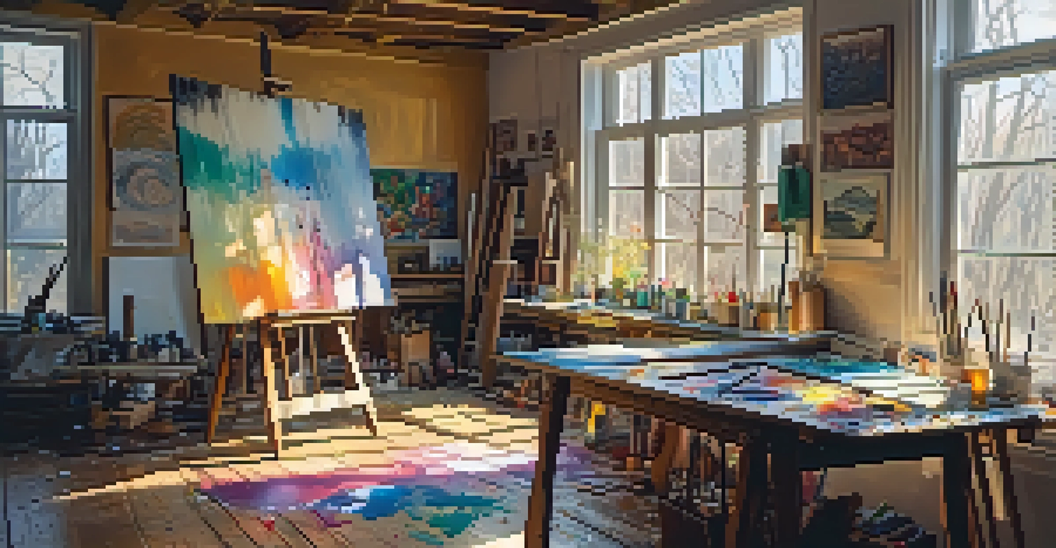 An artist's studio with tools, canvases, and sunlight casting shadows.