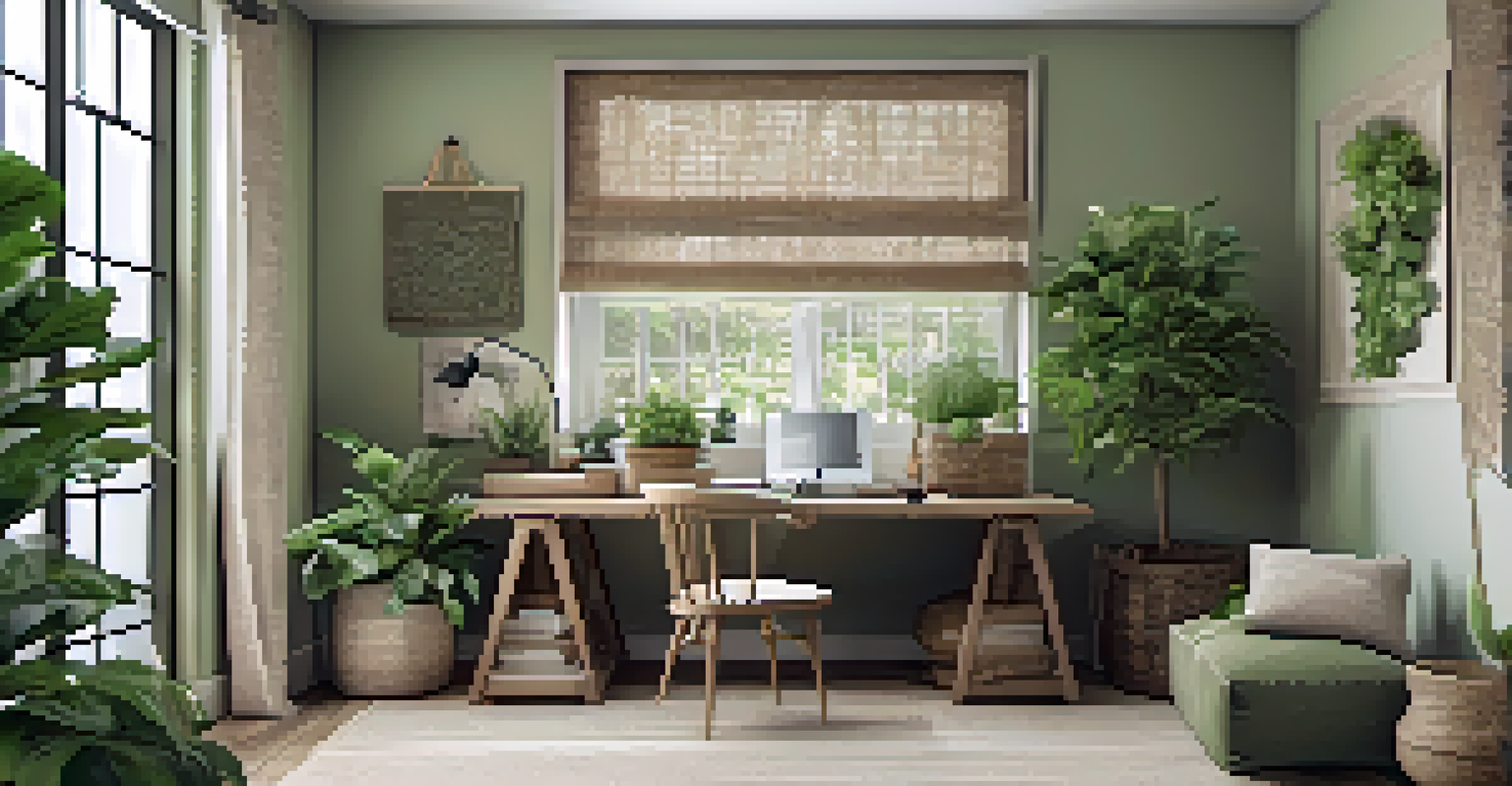 A stylish home office with natural colors, wooden furniture, and greenery, promoting a serene work environment.