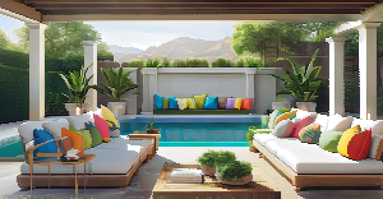 A cozy outdoor seating area with a sofa and colorful cushions, surrounded by greenery and a small waterfall.
