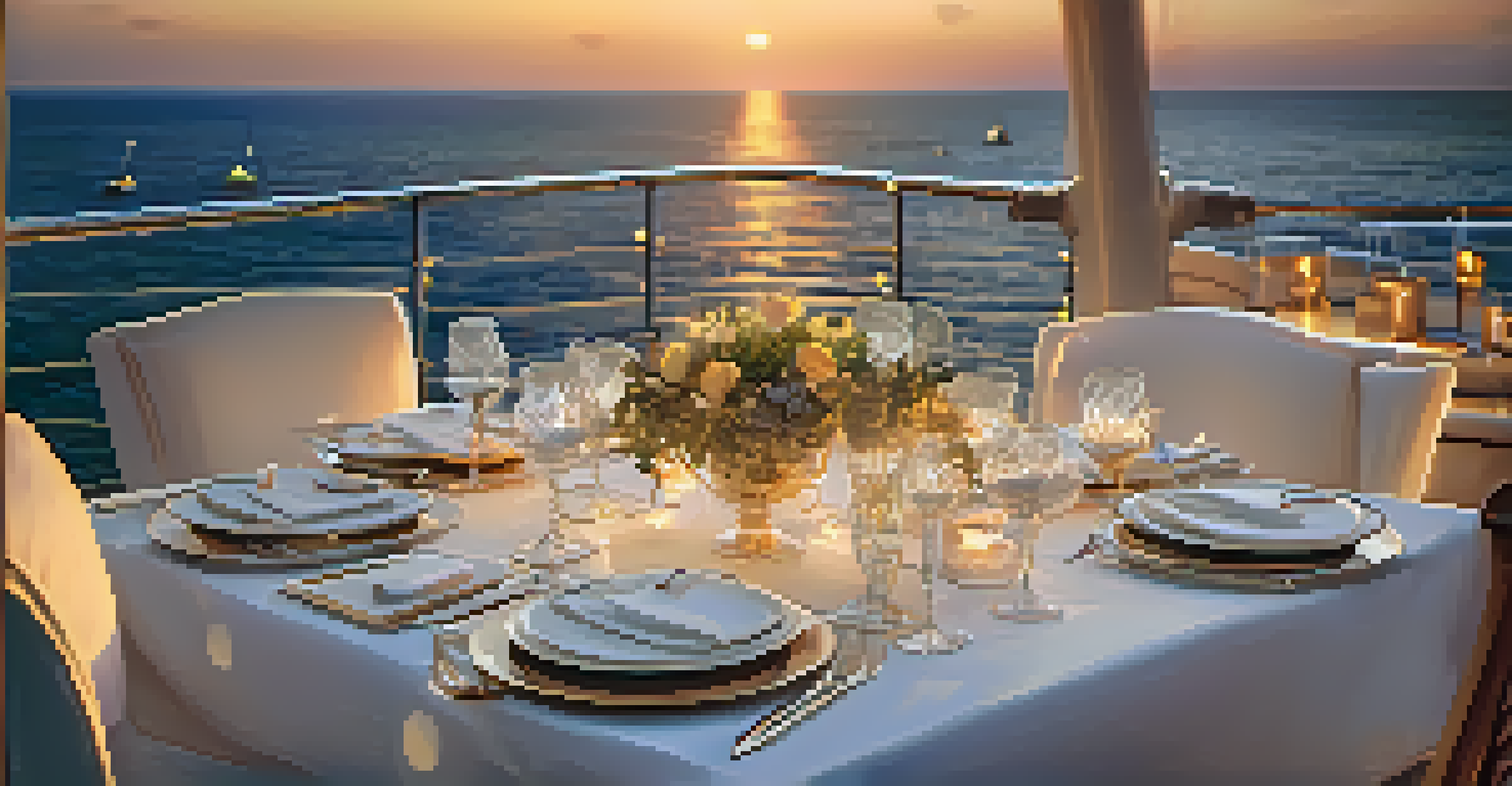 An elegantly set dining table on a yacht deck with gourmet food and a sunset background.