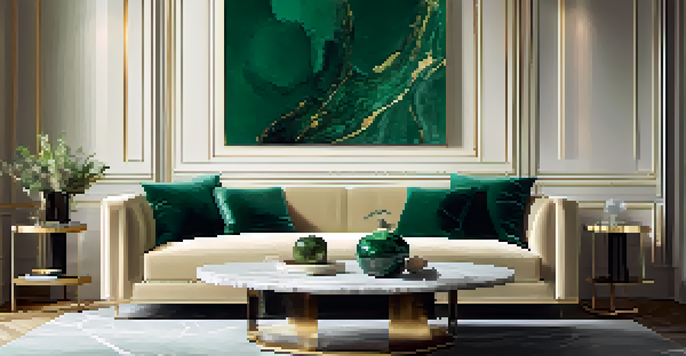 A luxurious living room with an emerald green velvet sofa and a marble coffee table, illuminated by natural light.