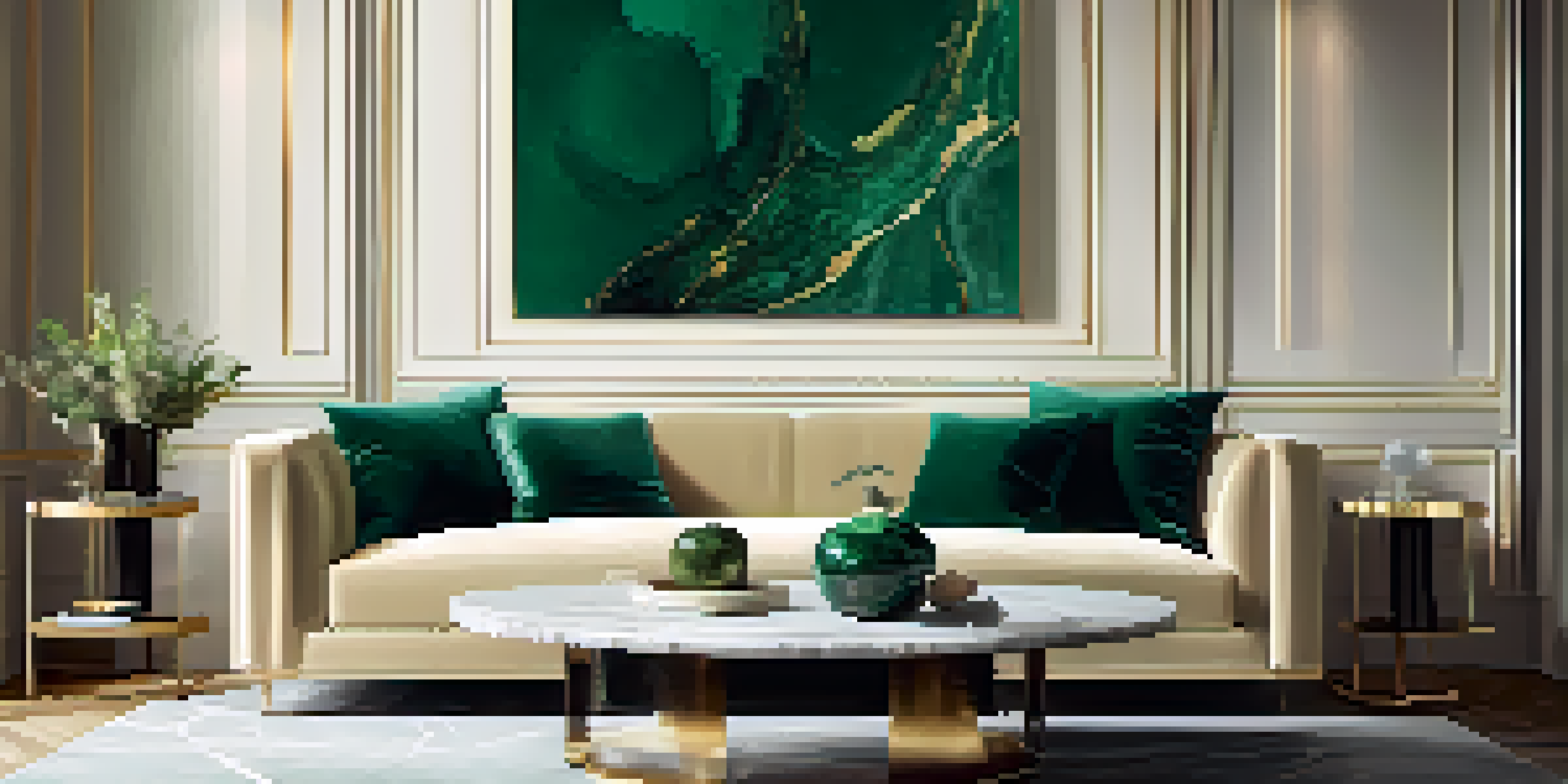 A luxurious living room with an emerald green velvet sofa and a marble coffee table, illuminated by natural light.