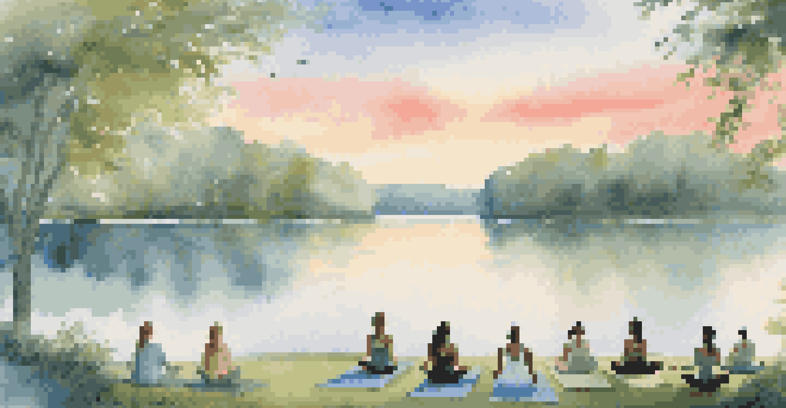 Participants practicing yoga at a lakeside during sunrise, surrounded by nature.