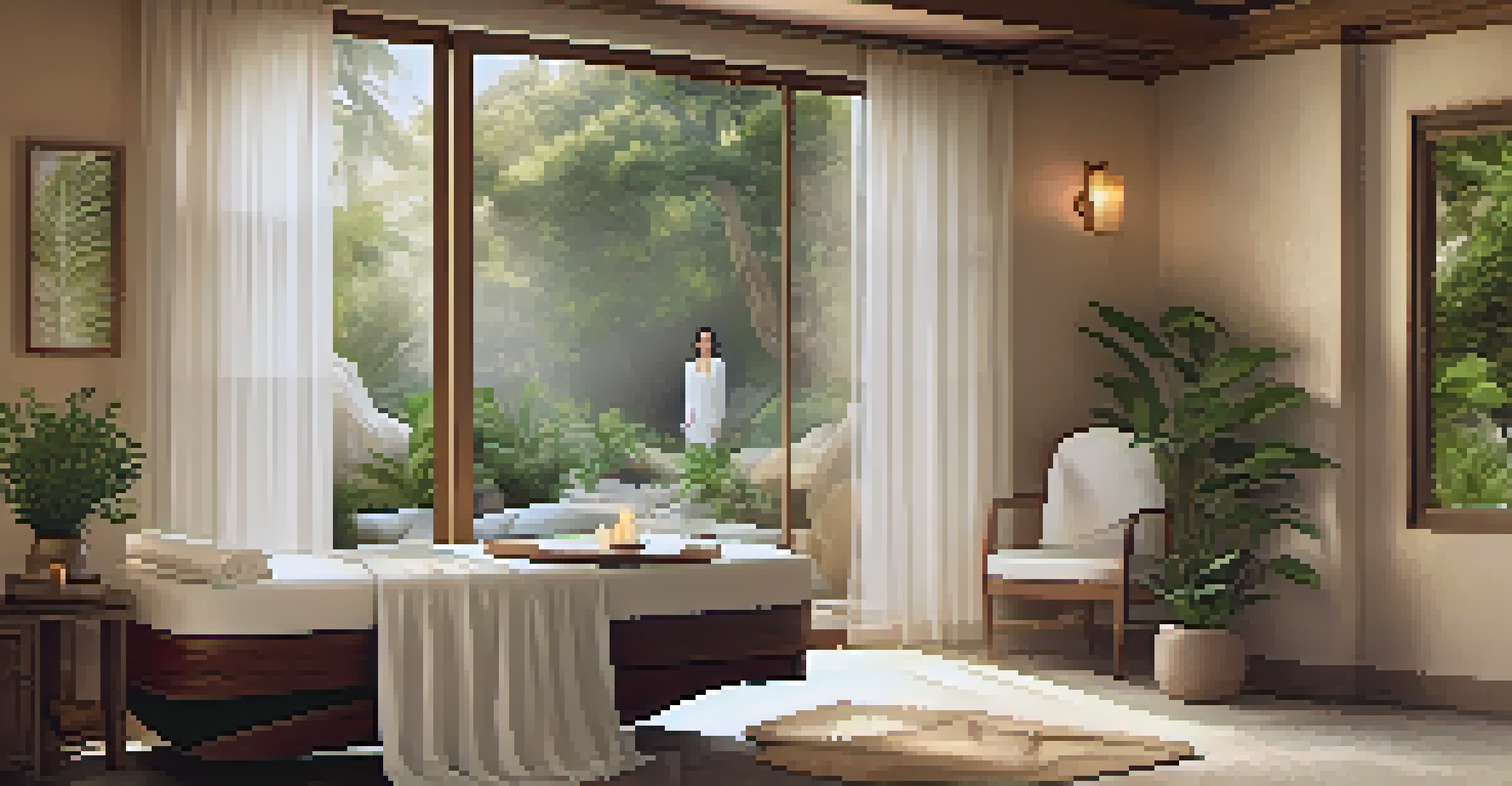 A serene spa treatment room with natural light, calming greenery, and a well-prepared massage area.