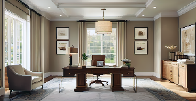 A beautifully designed home office with a wooden desk, natural light from the window, elegant pendant lights, and a plush area rug.