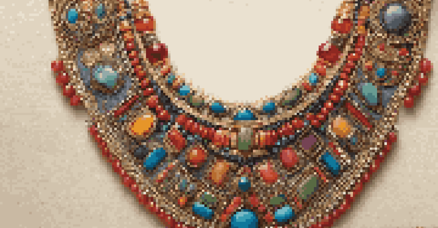 A colorful necklace inspired by various cultures, displayed on a textured fabric background with warm lighting.