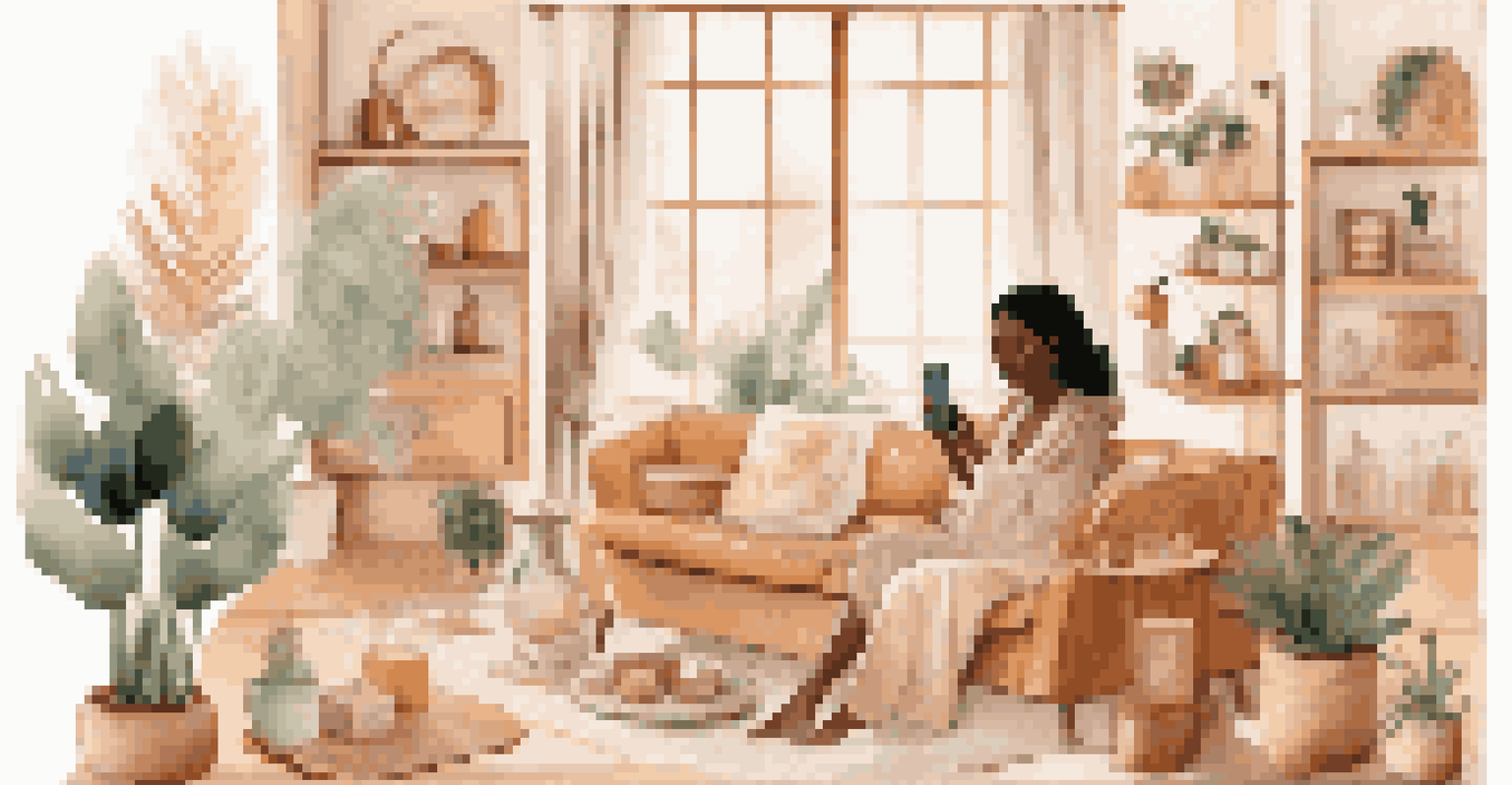 An influencer in a stylish living room, showcasing sustainable luxury products while using a smartphone.