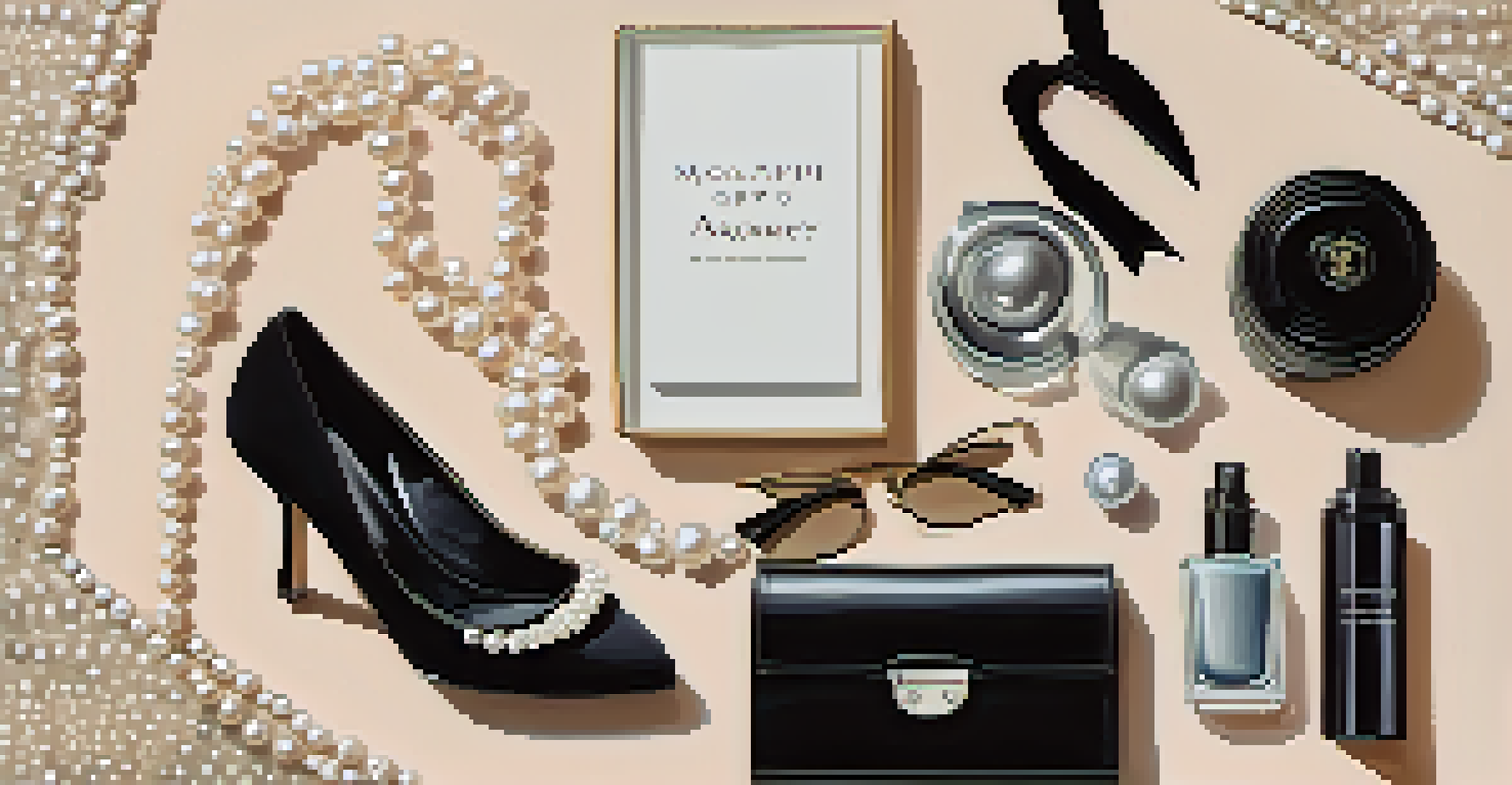 A flat lay arrangement of fashion items inspired by Audrey Hepburn, including a little black dress, pearls, and ballet flats on a soft fabric background.