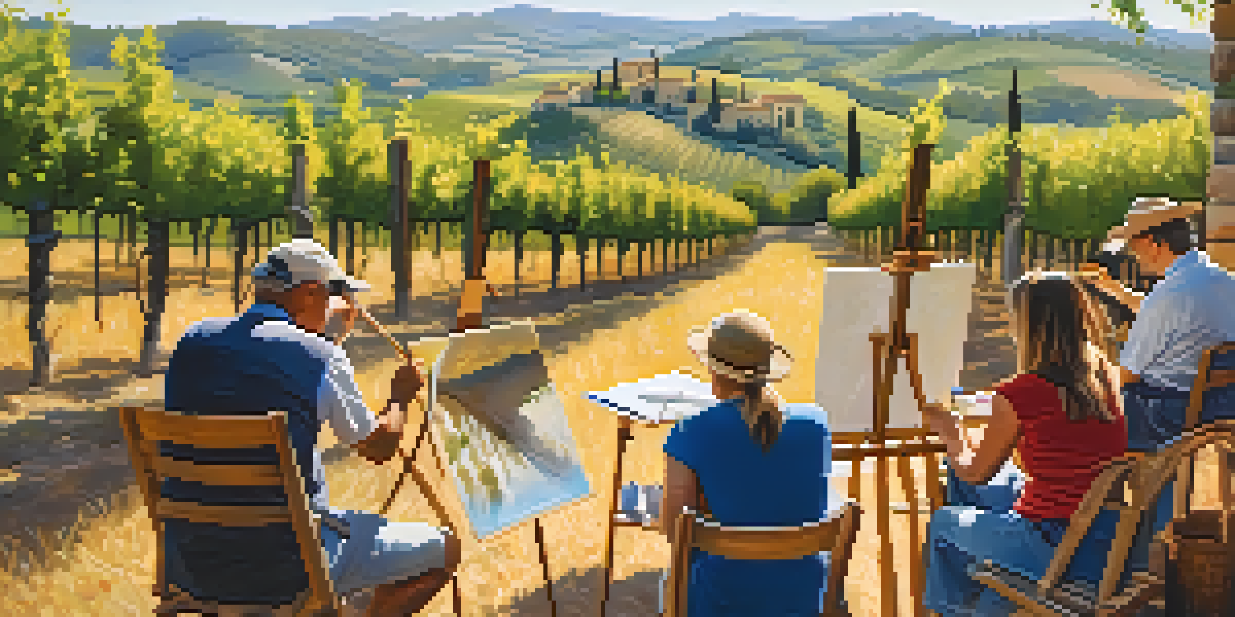 Participants painting in a peaceful outdoor art retreat surrounded by vineyards in Tuscany under a clear blue sky.